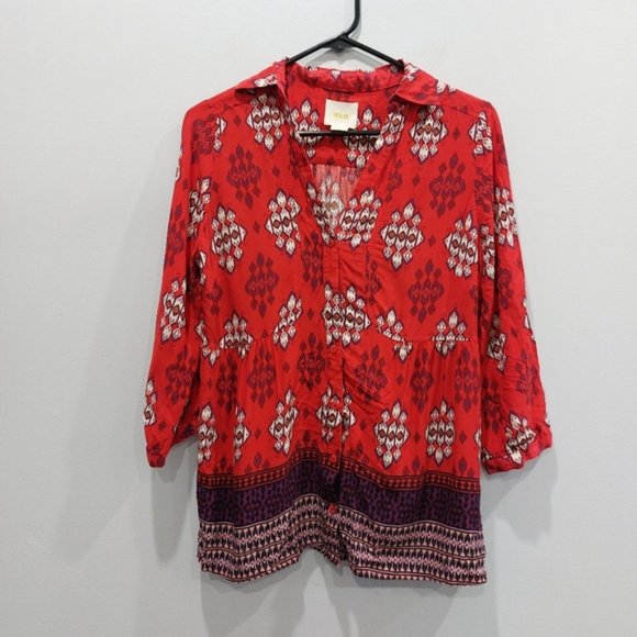 Anthropologie MAEVE Woodland Walk Geometric Aztec Red Button Up Blouse Size 8 - Picture 2 of 9